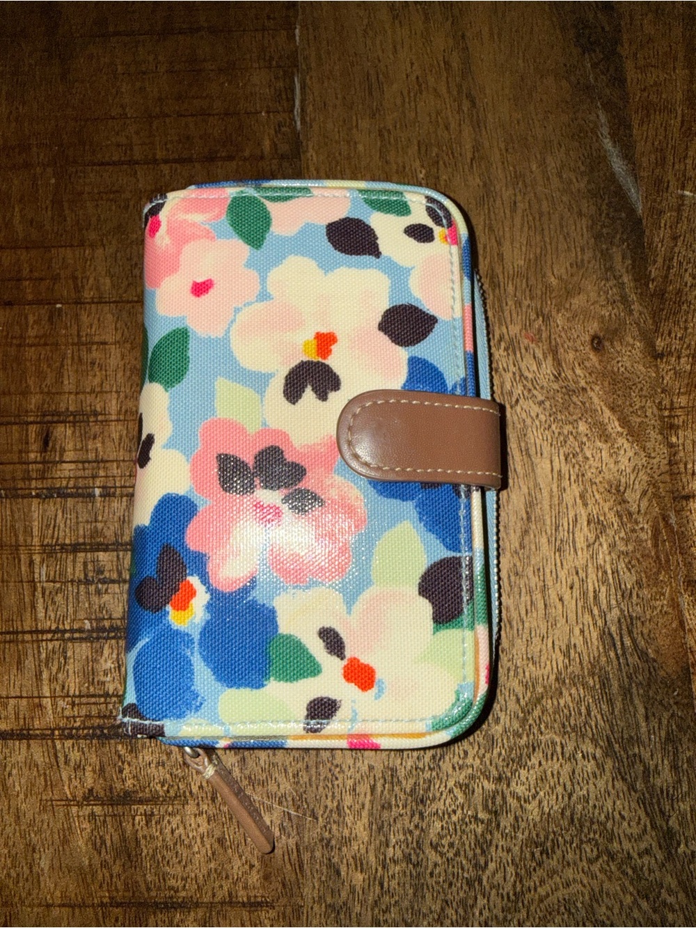 Cath Kidston Blue Floral Zip Wallet with Brown Snap